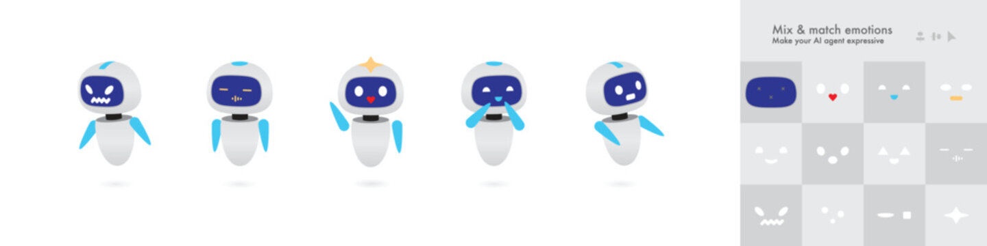 Ai customer support. A vector set of white and blue robot characters with various expressions and a kit to mix and match emotions for creating a custom mascot.