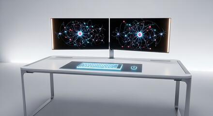 Immersive workspace with glowing keyboard and dual monitors displaying abstract neural network visuals, perfect for showcasing futuristic technology and innovative design solutions