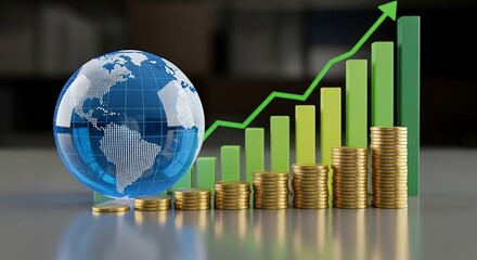 Global market growth and financial success with stacked coins and upward trending graph, perfect for business and investment themes
