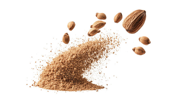 Whole nutmeg seeds flying in motion above a rising splash of fragrant nutmeg powder representing aromatic cooking spices on white background - Powered by Adobe