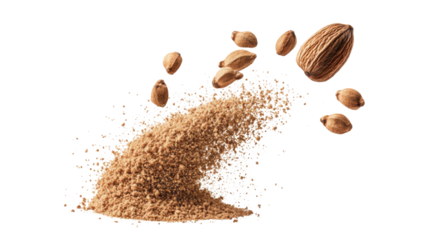 Whole nutmeg seeds flying in motion above a rising splash of fragrant nutmeg powder representing aromatic cooking spices on white background