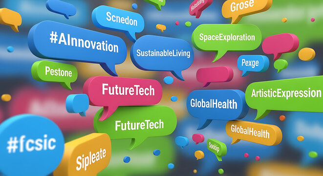 Explore the future with vibrant speech bubbles showcasing AI innovation, sustainable living, global health solutions, artistic expression, and space exploration concepts for a modern world - Powered by Adobe