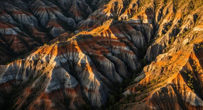 Aerial view of colorful badlands formations. Abstract geological patterns with warm sunlight. Eroded mountain terrain with sedimentary layers. Earth science and natural exploration concept