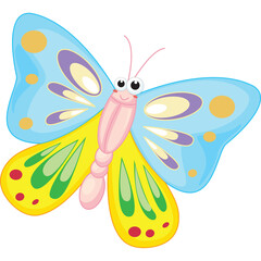Cartoon Butterfly with Blue Yellow and Green Wings and Purple Accents Features a Pink Body and a Smiling Face on a Transparent Background