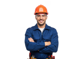 A smiling construction worker wearing a blue uniform and orange hard hat with arms crossed isolated on transparent background