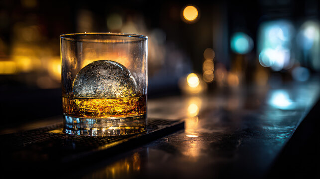 whiskey glass with ice on a dark bar counter
