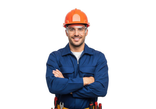 A smiling construction worker wearing a blue uniform and orange hard hat with arms crossed isolated on transparent background - Powered by Adobe