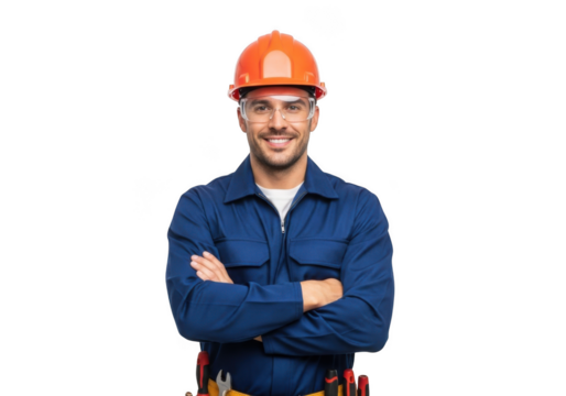 A smiling construction worker wearing a blue uniform and orange hard hat with arms crossed isolated on transparent background