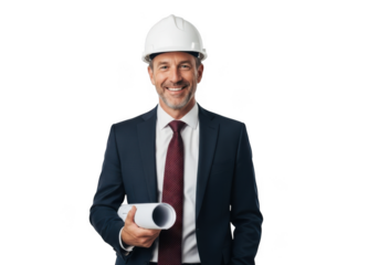 Smiling construction professional wearing a white hard hat and dark suit holding blueprints isolated on transparent background