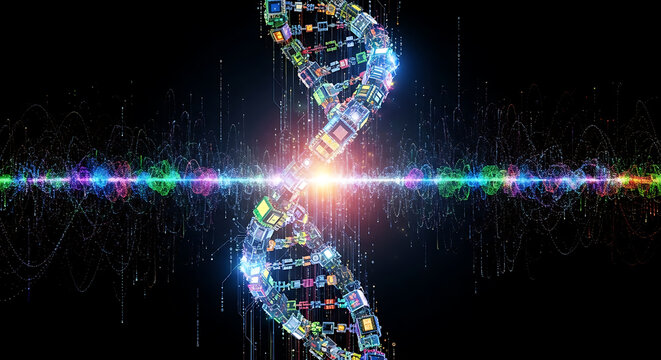 Futuristic DNA strand with vibrant digital glow, representing cutting-edge science, tech innovation, and genetic research breakthroughs for modern medical advancements and future possibilities