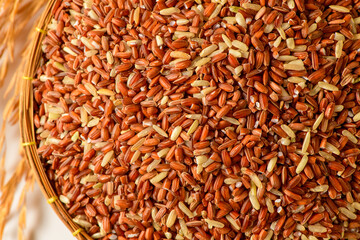 Close up of organic brown rice grains in a bamboo basket with golden rice stalks on a white background.