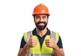 Smiling bearded construction worker wearing orange hard hat and yellow safety vest giving thumbs up isolated on transparent background