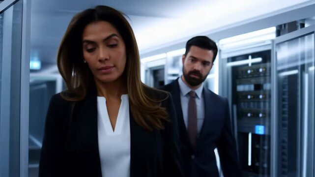 IT professionals walking through a secure data center corridor, inspecting server racks and network infrastructure, discussing uptime, cloud operations, disaster recovery and cybersecurity compliance