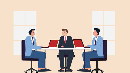 Group of Business People Having Board Meeting at Table with Laptop Computers Vector Illustration