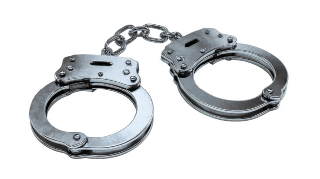 Shiny metallic handcuffs symbol of law security arrest restriction and justice enforcement associated with crime protection and authority on white background