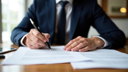 A business professional signing a contract or agreement with a pen, useful for office and corporate themes
