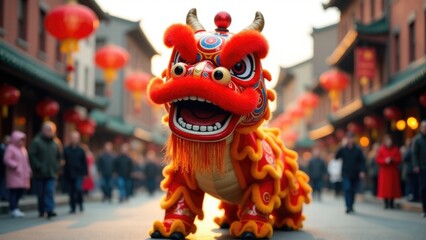 A vibrant red and yellow dragon sits on the street, surrounded by urban infrastructure