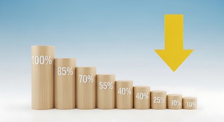 Declining profits visualized with wooden bars and a yellow arrow pointing down, representing market crash, economic recession, or sales downturn