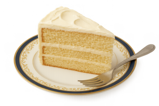 Vanilla cake slice on a plate with fork, multi-layered dessert with frosting on transparent background - Powered by Adobe