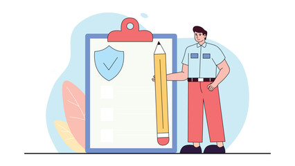 Man Holding Big Pencil Near Clipboard with Check List Vector Illustration Concept for Business Task and Goal Achieved