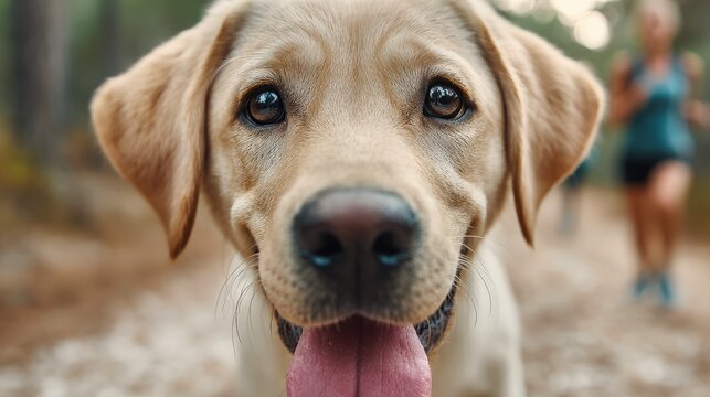 Happy Labrador retriever looking at camera during outdoor walk
