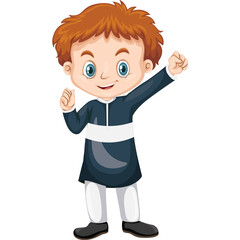 Cartoon illustration of a happy young boy with reddish-brown hair and blue eyes wearing a dark blue tunic with a white stripe and white pants dancing joyfully with his arms raised in a festive pose