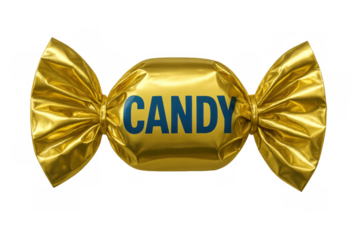 Gold wrapped candy with blue text on transparent background, sweet confection or treat for celebration