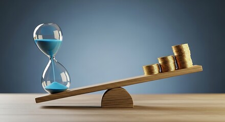 Time is money investment hourglass with gold coins balance, financial management and planning for future profits concept, wealth accumulation