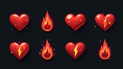 A set of red hearts with flames, ideal for illustrations or designs that require fiery passion and love