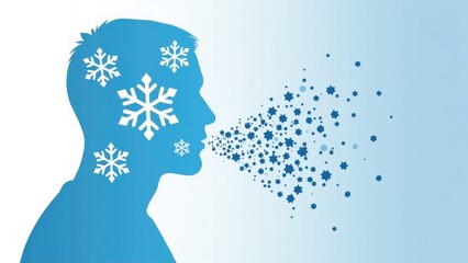 A person's face with snowflakes being blown out, often used as a winter or holiday concept