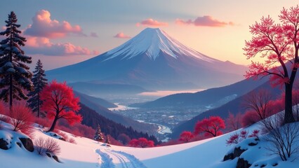 A winter scene with a mountain range in the background, covered in snow and ice