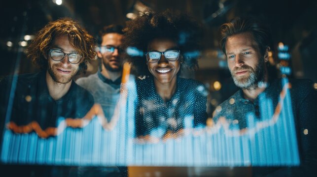 Happy diverse business team analyzing data on digital screen at night