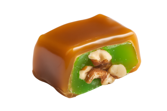 A green candy topped with nuts
