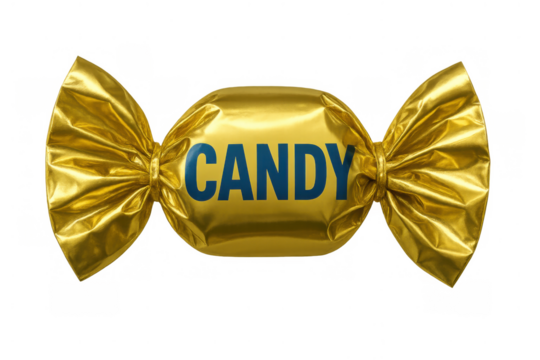 Gold wrapped candy with blue text on transparent background, sweet confection or treat for celebration