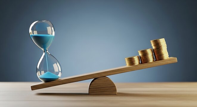 Time is money investment hourglass with gold coins balance, financial management and planning for future profits concept, wealth accumulation