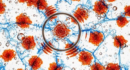 Abstract microscopic view of biological cells and neural connections. Scientific research concept for biotechnology. Medical innovation and healthcare development. Red and blue liquid art with bubbles
