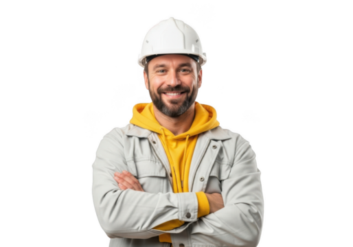 Smiling bearded construction worker wearing white hard hat and light colored work jacket arms crossed isolated on transparent background