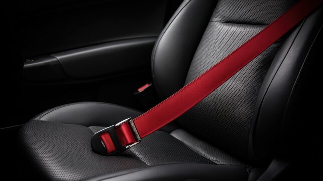 Red Seat Belt on Black Leather Car Interior Highlighting Safety