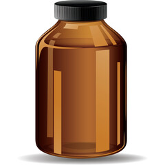 Amber Glass Medicine Bottle with Black Screw Cap and Transparent Background Detailed Illustration