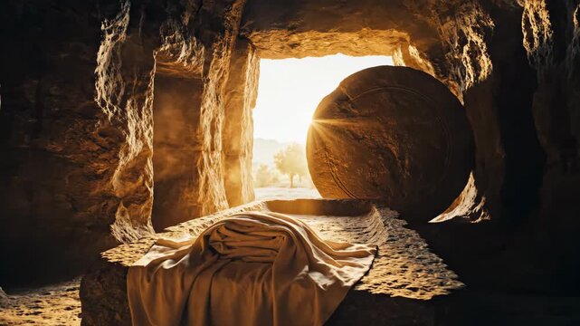 The empty tomb of Jesus with the stone rolled away. Bright light symbolizing the resurrection on Easter morning. Christian concept of faith, hope, and salvation
