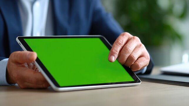 Man Holding Tablet with Green Screen in Office