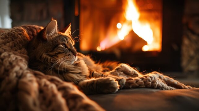 Brown tabby cat lying on a blanket near a burning fireplace indoors, cozy home environment, pet relaxation concept.