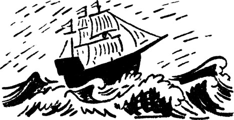 Hand-drawn ship sailing over waves. Black outline vector illustration capturing the marine theme with adventure and design.