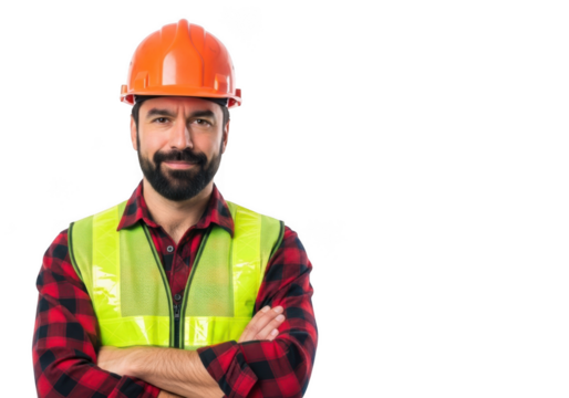 A confident construction worker wearing a bright orange hard hat and a high visibility safety vest stands with arms crossed isolated on transparent background