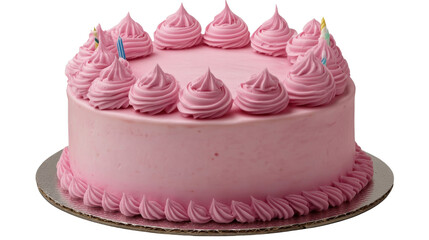 Delicious pink frosted celebration cake decorated with piped icing swirls and party candles for festive birthday or event display on white background