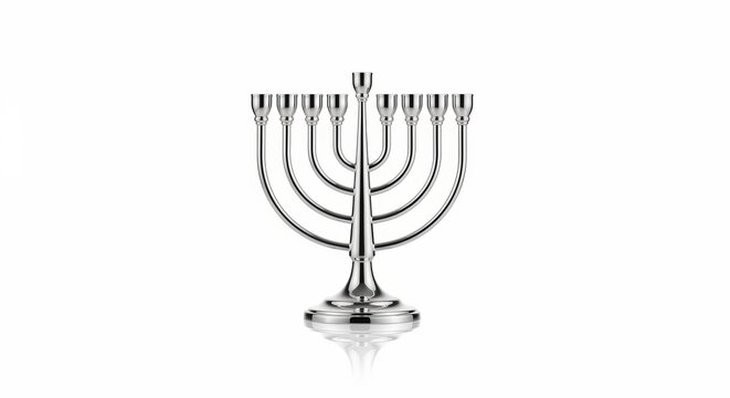 Silver menorah with eight branches on white background  
