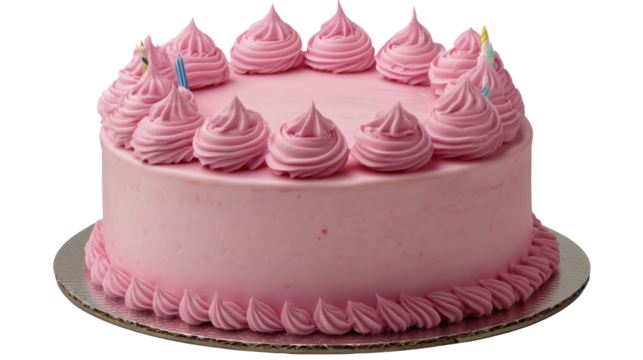 Delicious pink frosted celebration cake decorated with piped icing swirls and party candles for festive birthday or event display on white background
