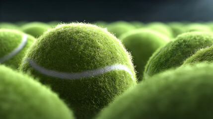 Closeup of a pile of bright green tennis balls.