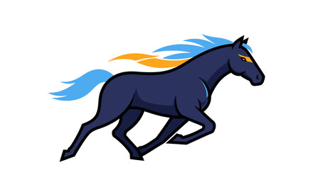 Naklejka premium Dynamic dark blue horse with vibrant orange and blue mane and tail galloping powerfully, symbolizing speed and strength