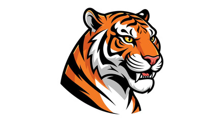 Fierce tiger head with intense gaze and bared teeth, symbolizing power and courage for sports teams and aggressive brands.